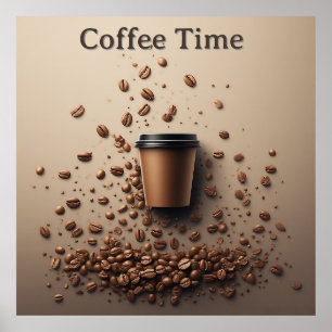 Schwebende Kaffeetasse mit Kaffeebohnen Poster