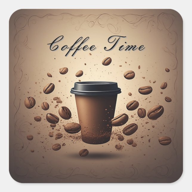 Schwebende Kaffeetasse mit Kaffeebohnen Quadratischer Aufkleber (Vorderseite)