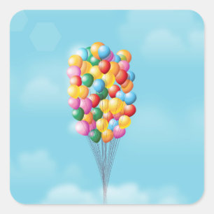 Schwebende Luftballons nach oben und weg. Quadratischer Aufkleber