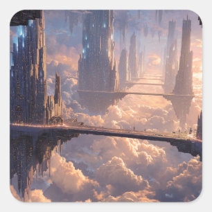 Schwebende Metropole in den Wolken Quadratischer Aufkleber