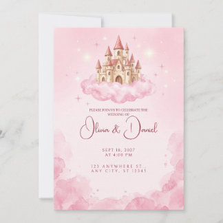 Schwebende rosa Burgwolken-Hochzeitseinladung Einladung