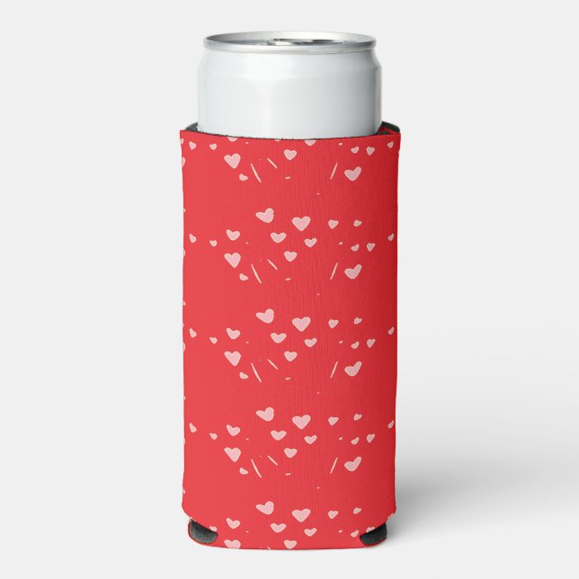Schwebende rosa Herzmuster auf Rot Selters Dosenkühler (Seltzer Vorderseite)