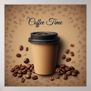 Schwebende Tasse Kaffee mit Kaffeebohnen Poster