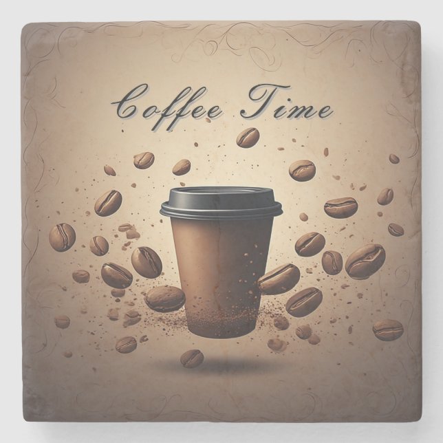 Schwebende Tasse Kaffee mit Kaffeebohnen Steinuntersetzer (Vorderseite)