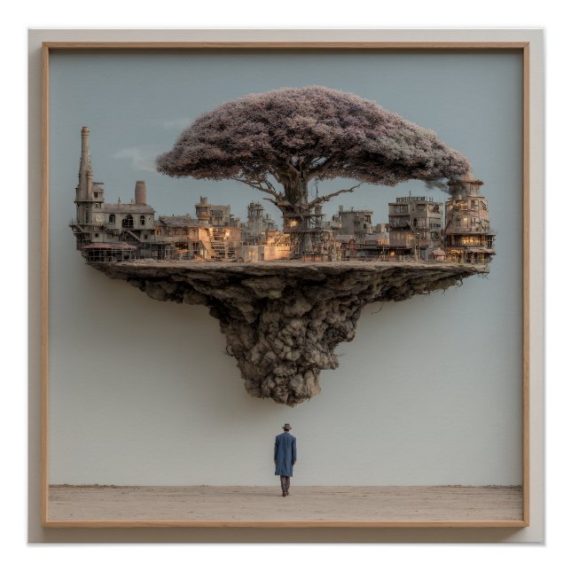 Schwebende zerstörte Stadt Blütenbaum Surreal Poster (Vorderseite)