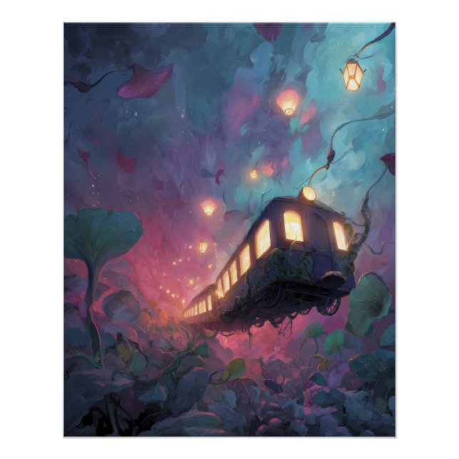 Schwebender Laternenzug durch den Traumwald Poster (Vorderseite)