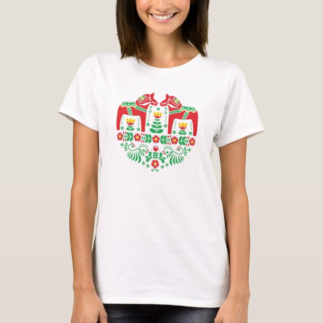 Schwede Dala Pferdeblumenvolksmuster T-Shirt (Vorderseite)