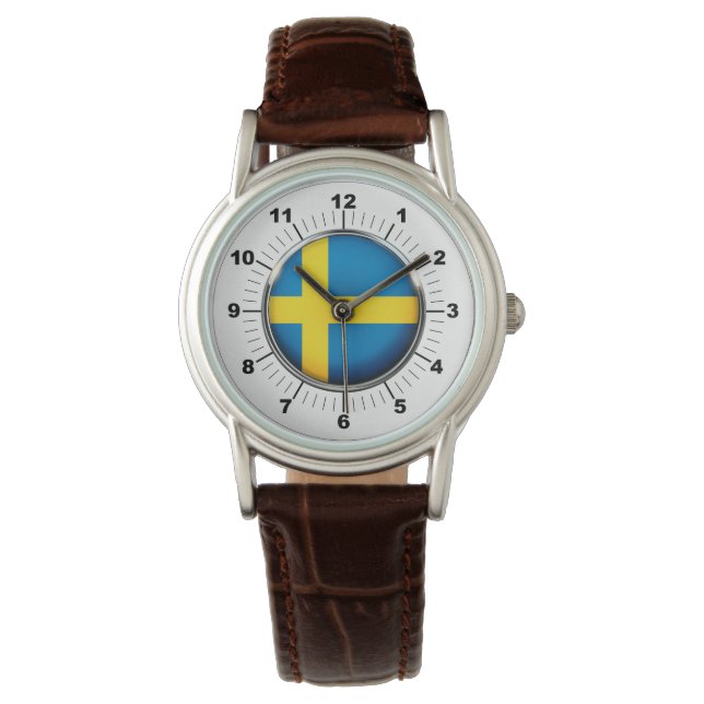 Schweden-Flagge Klassischer brauner Lederschimmer Armbanduhr (Vorderseite)