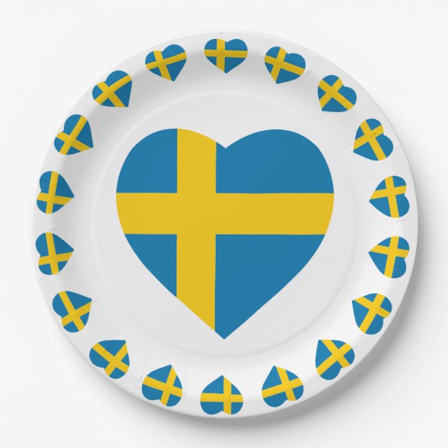 SCHWEDEN-HERZ-FORM-FLAGGE PAPPTELLER (Vorderseite)