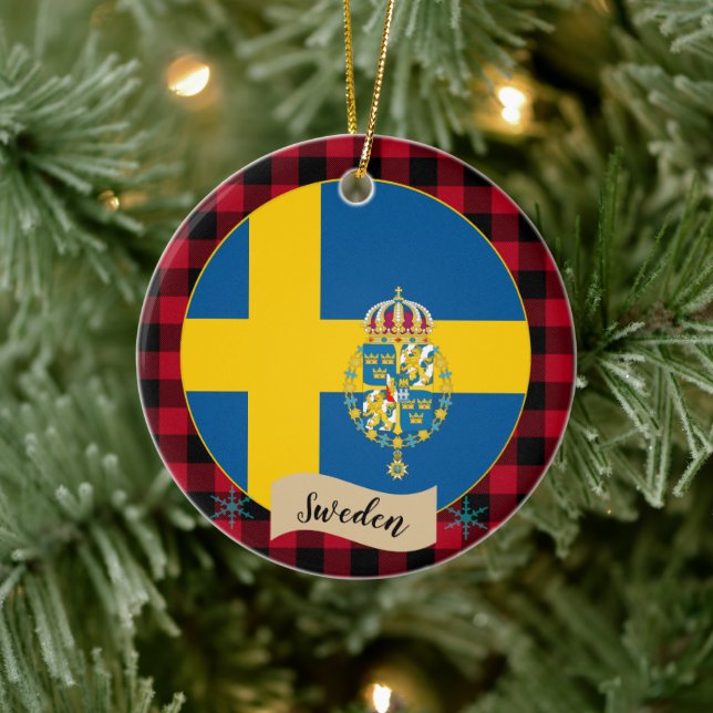 Schweden, Rotes Büffel, karierte und schwedische F Keramik Ornament (Baum)