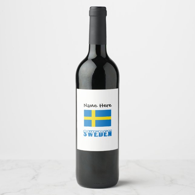 Schweden und die schwedische Flagge mit Ihrem Name Weinetikett (Vorderseite)