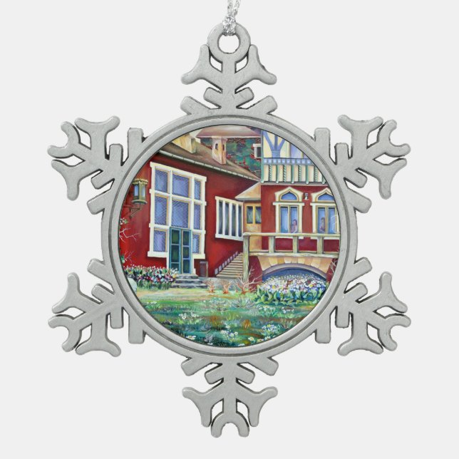 Schweden, Wasserfarbe Traditionelle Landschaft Schneeflocken Zinn-Ornament (Vorderseite)