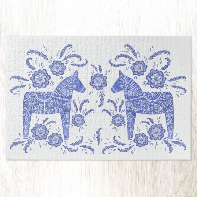 Schwedisch Dala HorBlue und White (Swedish Dala Horse blue and white folk art jigsaw puzzle)