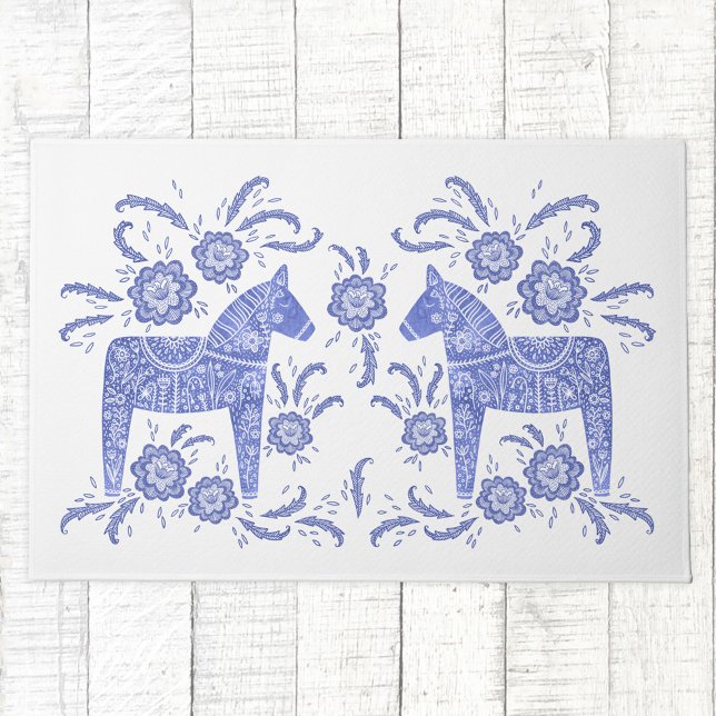 Schwedisch Dala HorBlue und White Doormat Fußmatte (Swedish Dala Horse folk art blue and white doormat)