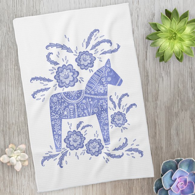 Schwedisch Dala Horse Blau und Weiße Küchentücher (Blue and white Swedish Dala Horse folk art kitchen tea towel)