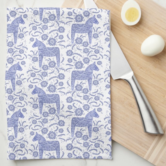 Schwedisch Dala Horse Folk Art Blue Kitchtuch Geschirrtuch (Swedish Dala horse blue and white folk art kitchen towel)