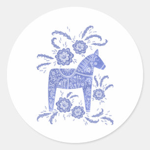 Schwedisch Dala Horse Indigo Blue und White Runder Aufkleber
