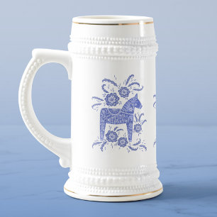 Schwedisch Dala Horses Periwinkle Blue und White Bierglas
