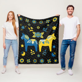 Schwedisch Folk Dala Horse l Blue und Yellow Fleecedecke