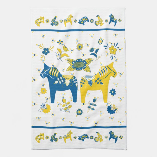 Schwedisch Folk Dala Horse l Blue und Yellow Geschirrtuch (Vertikal)