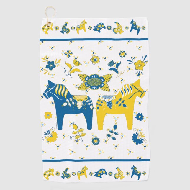 Schwedisch Folk Dala Horse l Blue und Yellow Golfhandtuch (Vorderseite)