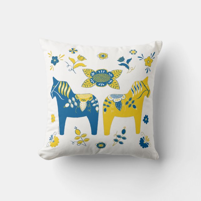Schwedisch Folk Dala Horse l Blue und Yellow Kissen (Vorderseite)