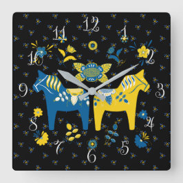 Schwedisch Folk Dala Horse l Blue und Yellow Quadratische Wanduhr