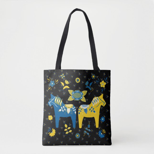 Schwedisch Folk Dala Horse l Blue und Yellow Tasche (Vorderseite)
