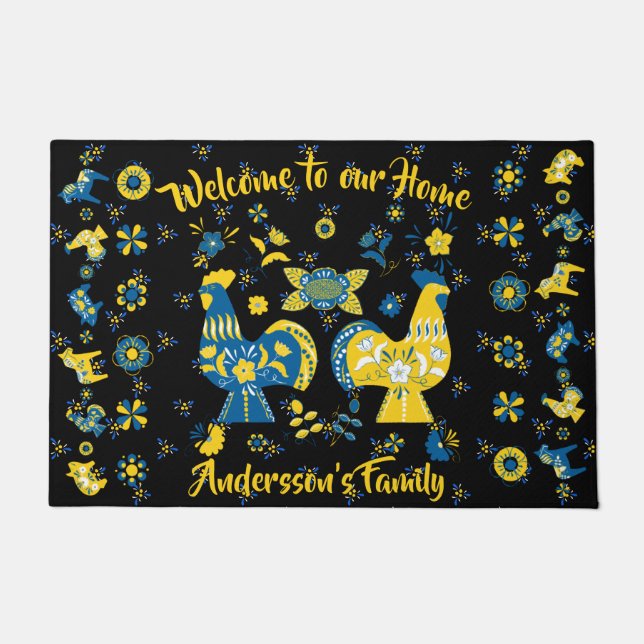 Schwedisch Folk Dala Rooster l Blue und Yellow Fußmatte (Vorderseite)