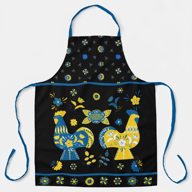 Schwedisch Folk Dala Rooster l Blue und Yellow Schürze (Vorderseite)