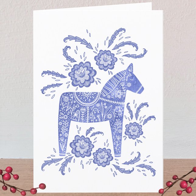 Schwedische Dala Horse Blue and White Greetings Ca Dankeskarte (Swedish Dala Horse blue and white card)