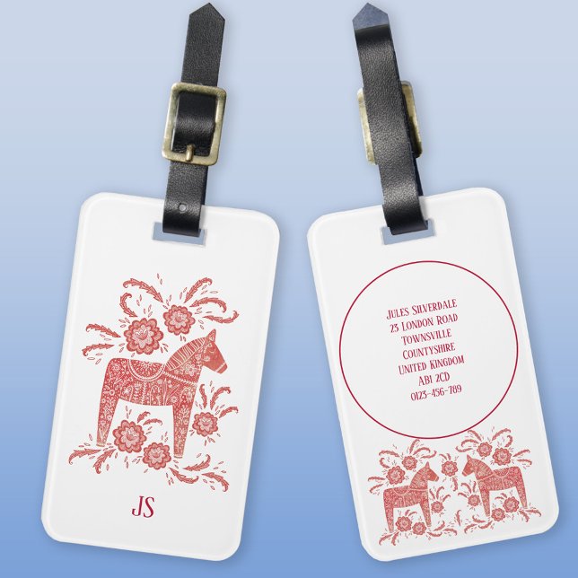 Schwedische Dala Horse Folk Art Red White Gepäckanhänger (Swedish Dala Horse red and white folk art luggage tag)