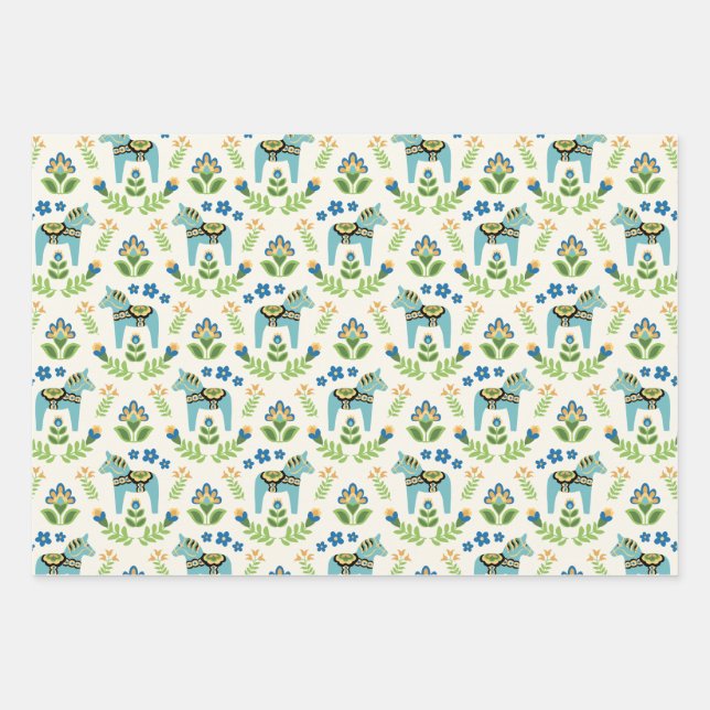 Schwedische Dala Pferde Aquamarin Geschenkpapier Set (Vorderseite)
