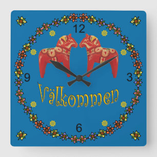 Schwedische Dala Pferde ~ Välkommen ~ Begrüßungsze Quadratische Wanduhr