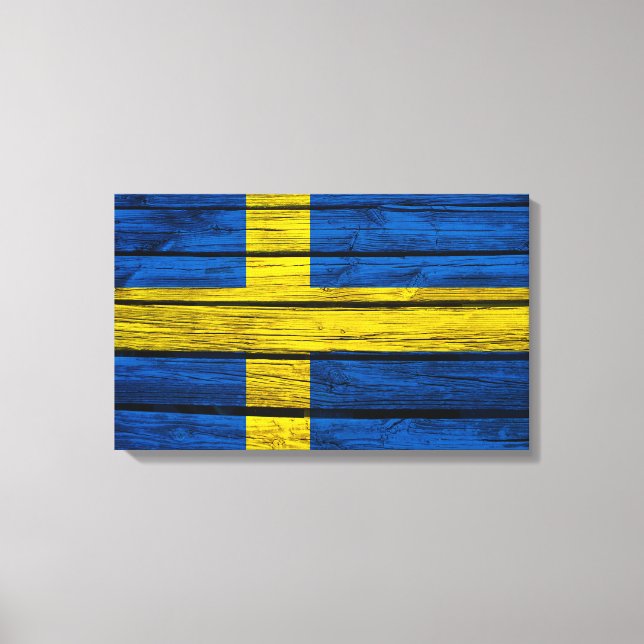 Schwedische Flagge Rustikales Holz Leinwanddruck (Vorderseite)