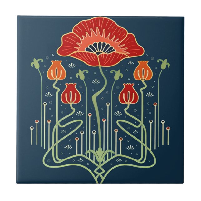 Schwedische Fliesen orange blaue Blüten (Vorderseite)