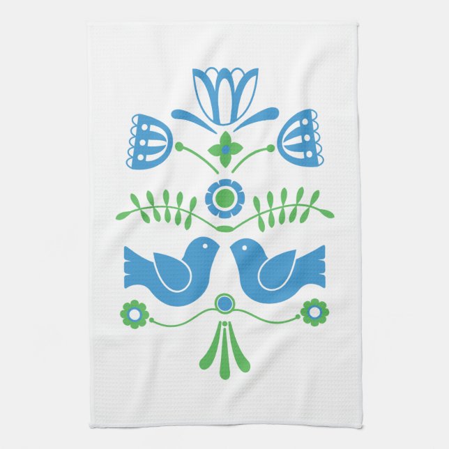 Schwedische Folk Art Blue Birds und Blume Geschirrtuch (Vertikal)