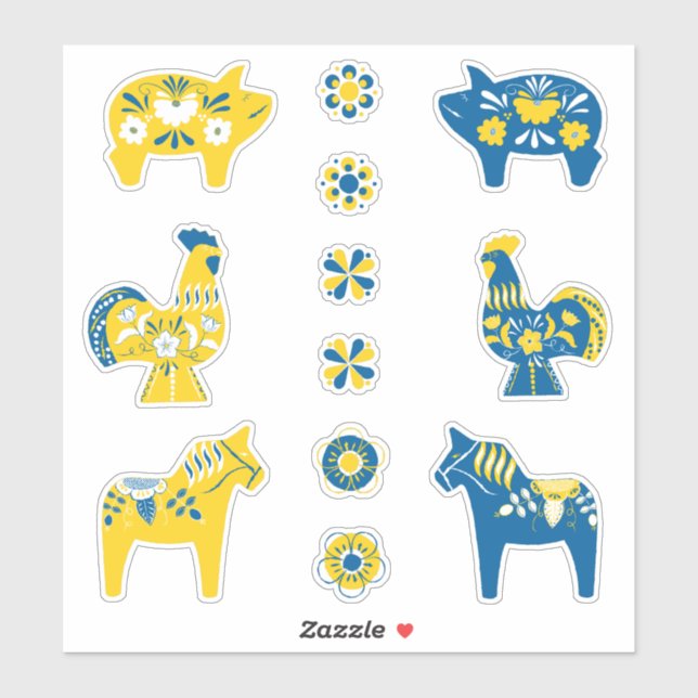 Schwedische Folk Dala Farm Animals l blau und gelb Aufkleber (Blatt)