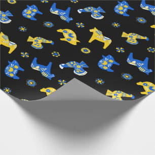 Schwedische Folk Dala Farm Animals l blau und gelb Geschenkpapier