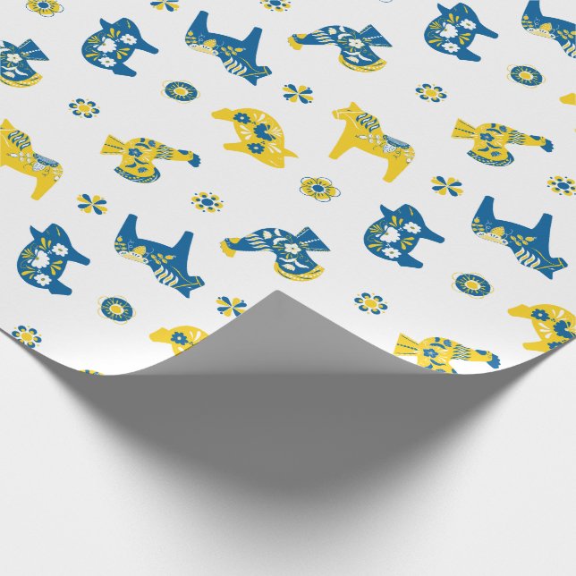 Schwedische Folk Dala Farm Animals l blau und gelb Geschenkpapier (Ecke)