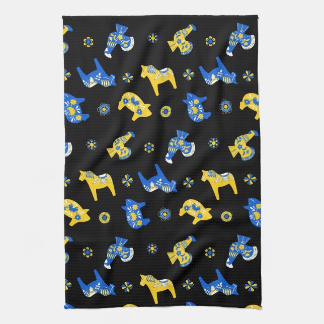 Schwedische Folk Dala Farm Animals l blau und gelb Geschirrtuch (Vertikal)