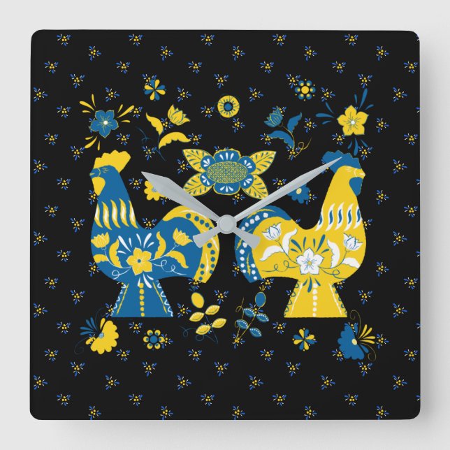 Schwedische Folk Dala Rooster Quadratische Wanduhr (Vorderseite)
