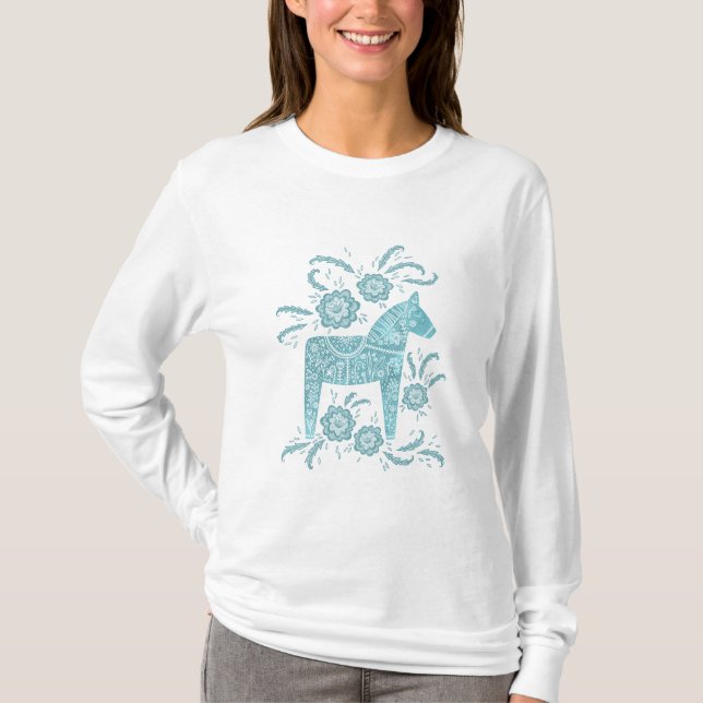Schwedischer Dala Horse Grüner und weißer T - Shir T-Shirt (Vorderseite)