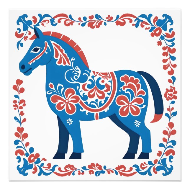 Schwedischer Dalmålning Dala Horse Folk Art Print Fotodruck (Vorne)