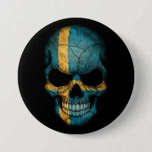 Schwedischer Flaggen-Schädel auf Schwarzem Button