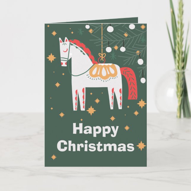 Schwedisches Dala HorChristmas, weiß Feiertagskarte (Vorderseite)