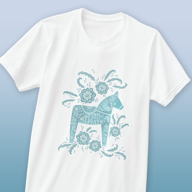 Schwedisches Dala Horse Aquamarin Green T-Shirt (Swedish Dala Horse teal and white folk art T-shirt)