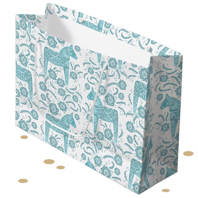 Schwedisches Dala Horse Aquamarin und weiß Große Geschenktüte (Swedish Dala Horse folk art pattern teal green and white large gift bag)