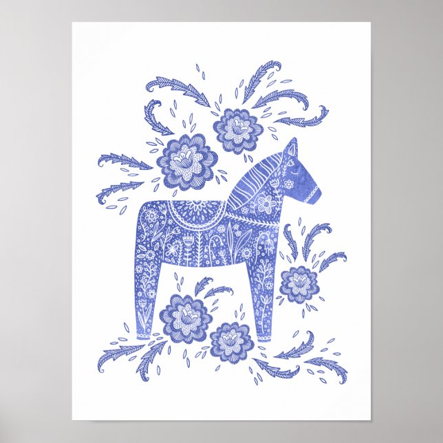 Schwedisches Dala Horse Blue Art Poster (Vorne)