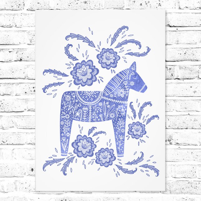 Schwedisches Dala Horse Blue Folklorekunst Foto Pr (Swedish Dala Horse folk art blue and white art print)